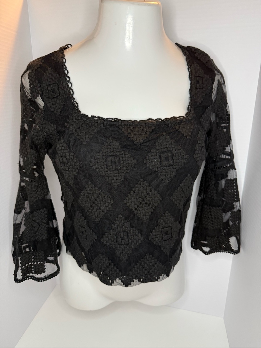 Shyanne Black Crochet Square-Neck Lace Top